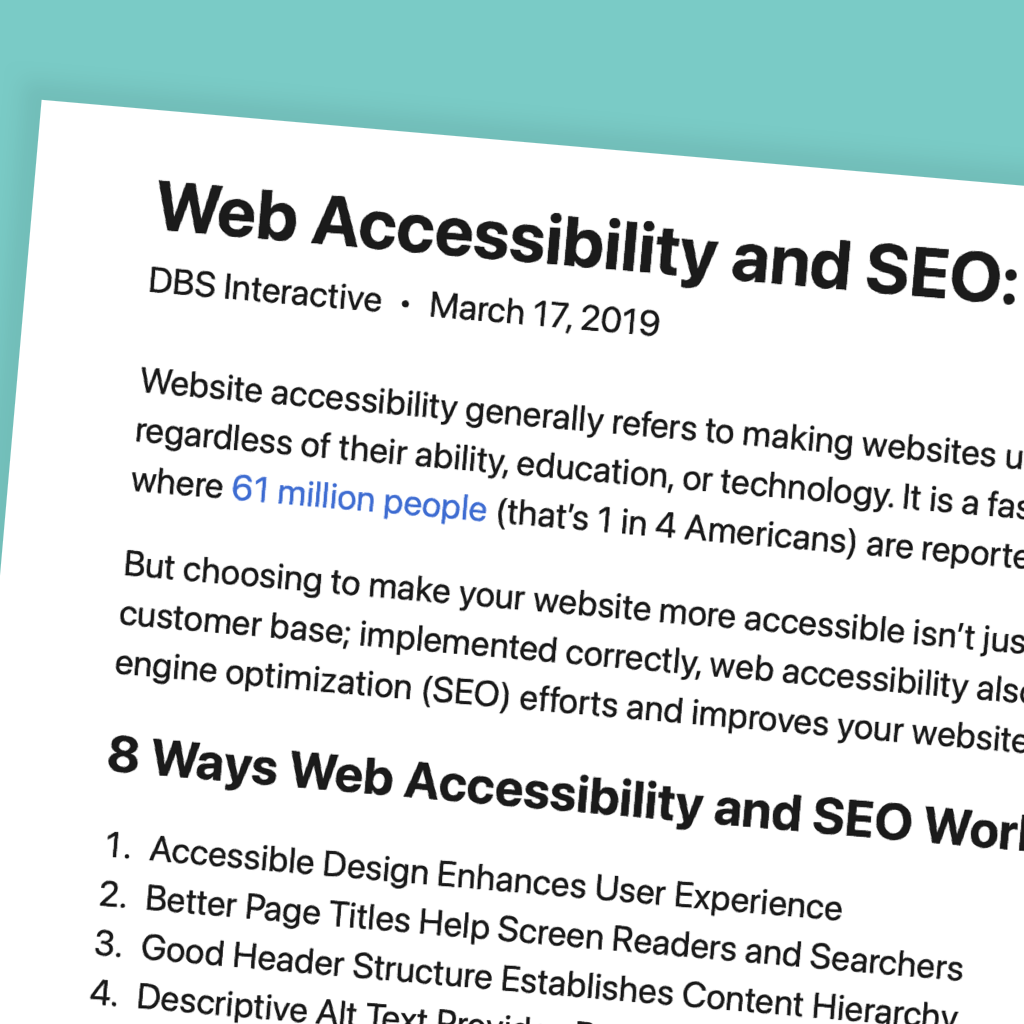 Focus on DBS Interactive's article: "Web Accessibility and SEO: A Perfect Fit"